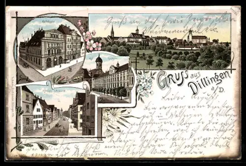 Lithographie Dillingen, Rathäuser, Königs-Strasse, Kgl. Lyceum, Ortsansicht
