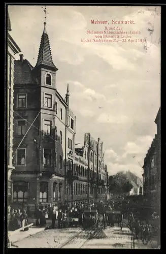 AK Meissen, Brand der Nähmaschinenfabrik von Biesolt & Locke 1914 am Neumarkt