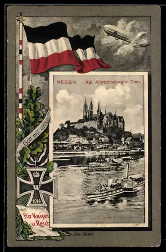 Grusskarten-AK Meissen, Kgl. Albrechtsburg und Dom, Zeppelin