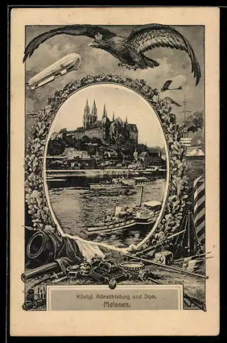 Grusskarten-AK Meissen, Königl. Albrechtsburg und Dom, Raddampfer Pillnitz, Zeppelin