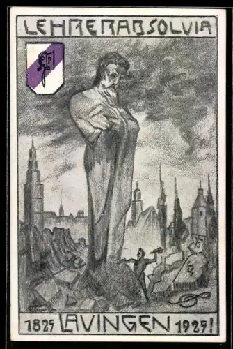 AK Lauingen, Lehrer-Absolvia 1825-1929, Steinmetz fertigt eine Skulptur, Wappen