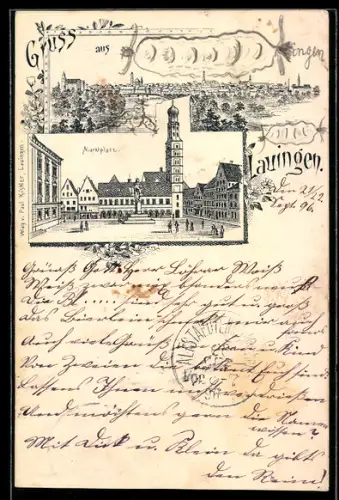 Lithographie Lauingen, Marktplatz, Ortspanorama mit Flusspartie