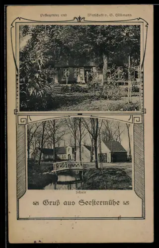 AK Seestermühle, Schule, Postagentur und Gasthaus Hüllmann