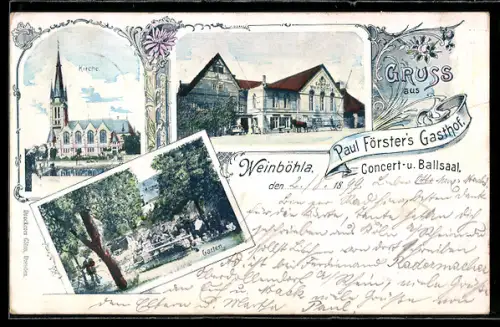 AK Weinböhla, Paul Förster`s Gasthof, Kirche, Garten