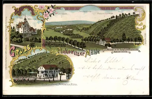 Lithographie Gauernitz, Gasthaus Pinkowitzer Mühle, Schloss