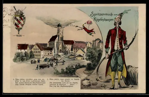 AK Ehingen, Feuerwehrmann Spritzenmuck von Kügeleshausen, Feuerwehr löscht die brennende Kirche