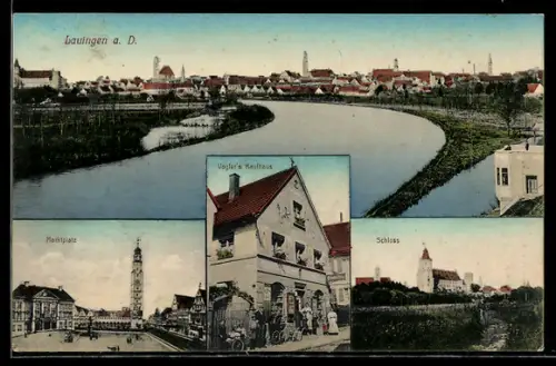 AK Lauingen a. D., Vogler`s Kaufhaus, Schloss, Marktplatz