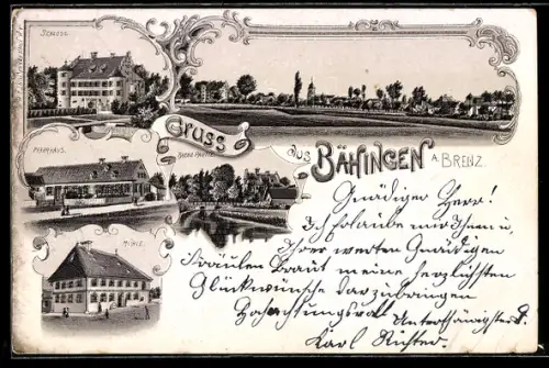 Lithographie Bächingen /Brenz, Schloss, Mühle, Pfarrhaus
