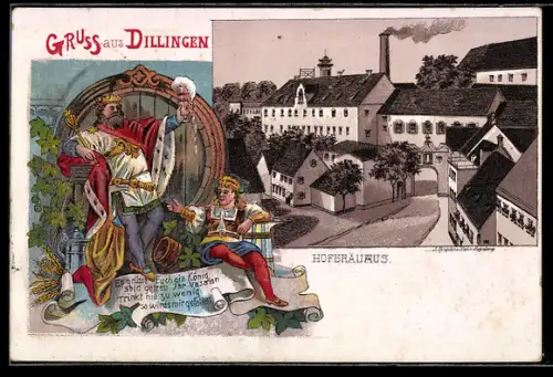 Lithographie Dillingen, Gasthof Hofbräuhaus, König mit Bierfass
