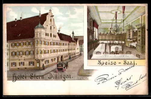 Lithographie Dillingen / Donau, Hotel Stern, Speise-Saal