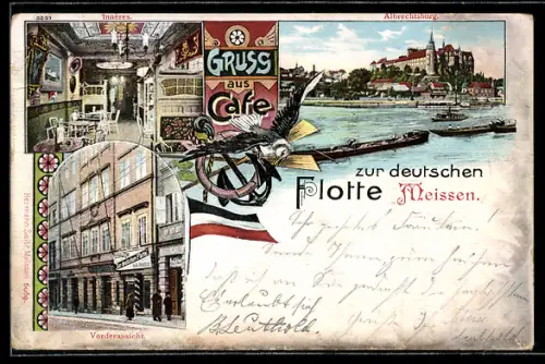 Lithographie Meissen, Albrechtsburg, Cafe zur deutschen Flotte
