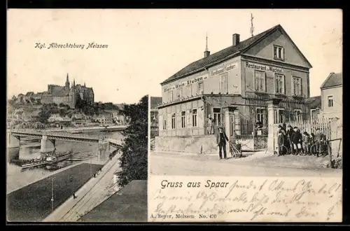 AK Spaar, Restaurant zur Wachtel, Inh. Ferdinand Fischer, Albrechtsburg aus der Ferne, Dampfer unter der Brücke