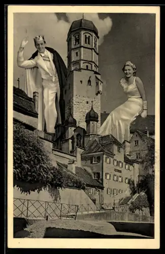 AK Dillingen, Fasching 1937, Prinz Seppr von Birnmannien und Prinzessin Trudl von Stadtbergen, Fotomontage