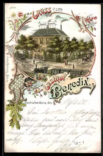 Lithographie Deutschenbora, Gasthof Benedix in der Aussenansicht