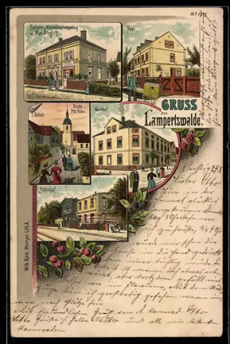Lithographie Lampertswalde, Gasthof, Schule, Bahnhof, Post