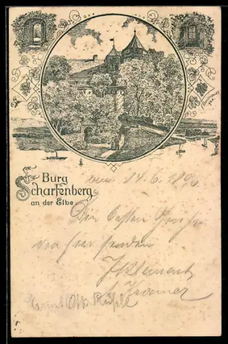 Lithographie Scharfenberg an der Elbe, Burg mit Grünanlagen
