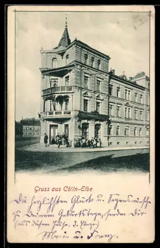 AK Cölln-Elbe, Geschäftsgebäude in der Vorbrücker Strasse Ecke Talstrasse, Rosa-Luxemburg-Strasse
