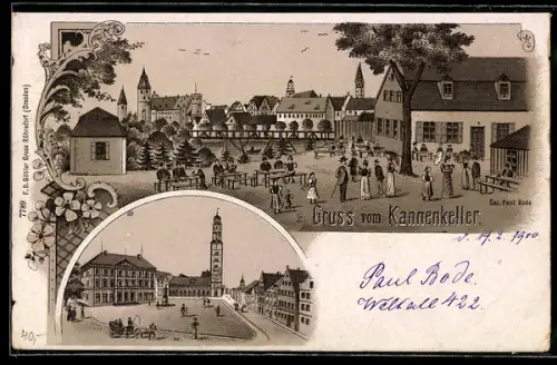 Lithographie Lauingen, Gasthof Kannenkeller, Aussenbereich für Gäste, Marktplatz