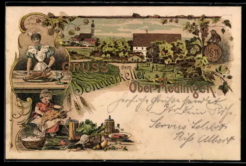 Lithographie Ober-Medlingen, Gasthof Sommerkeller, Kind beim Rupfen eines Huhns und Gartenpartie