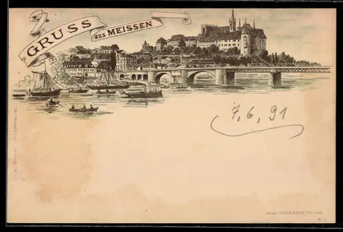 Lithographie Meissen, Teilansicht mit Albrechtsburg, Brücke und Flussdampfern