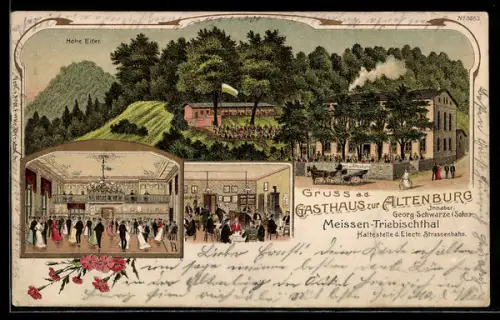 Lithographie Meissen-Triebischthal, Gasthaus zur Altenburg, Inh. Georg Schwarze, Totalansicht, Hohe Eifer, Tanzsaal
