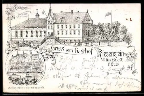 Lithographie Cölln, Gasthof Riesenstein, Bes. E. Faust, Aussenansicht und Albrechtsburg