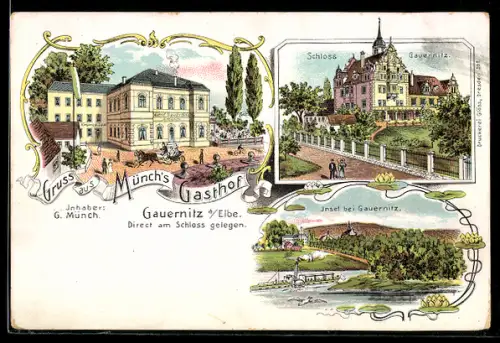 Lithographie Gauernitz / Elbe, Münchs Gasthof, Ansicht vom Schloss