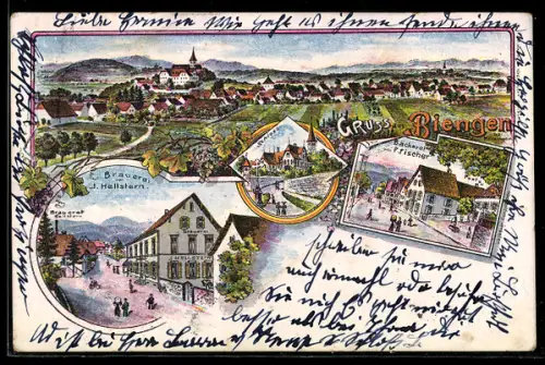 Lithographie Biengen, Totalansicht mit Kirche, Schloss, Bäckerei von F. Fischer und Brauerei von J. Hellstern