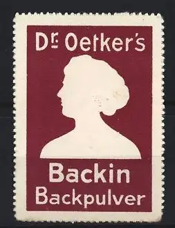 Reklamemarke Dr. Oetker`s Backin, Silhouette einer Frau, weinrot