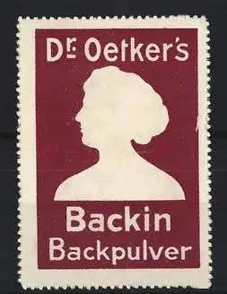 Reklamemarke Dr. Oetker`s Backin Backpulver, Silhouette einer Frau, weinrot