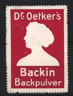 Reklamemarke Dr. Oetker`s Backin Backpulver, Silhouette einer Frau, rot