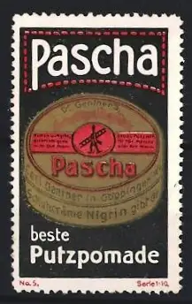 Reklamemarke Göppingen, Carl Gentner Pascha beste Putzpomade, Dose mit Symbol