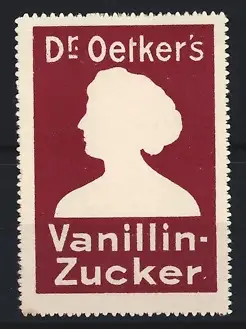 Reklamemarke Dr. Oetker, Vanillin-Zucker, Silhouette einer Frau, weinrot