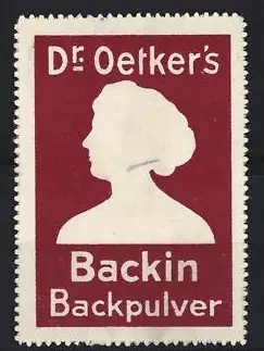Reklamemarke Dr. Oetker`s Backin Backpulver, Silhouette einer Frau, weinrot