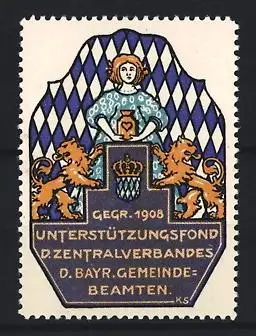 Reklamemarke Bayern, Unterstützungsfond D. Bayr. Gemeinde-Beamten, Löwen und Wappen