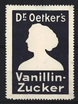 Reklamemarke Dr. Oetker`s, Vanillin-Zucker, Frauenprofil-Silhouette, dunkelblau