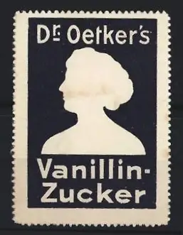 Reklamemarke Dr. Oetker`s, Vanillin-Zucker, Frauenprofil-Silhouette, dunkelblau