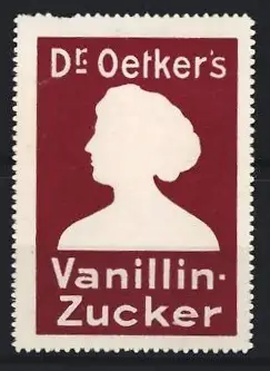 Reklamemarke Dr. Oetker`s Vanillin-Zucker, Frauenprofil-Silhouette, weinrot
