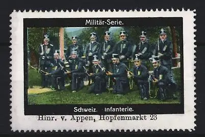 Reklamemarke Schweiz, Militär-Serie Infanterie, Soldatengruppe mit Gewehr & Bajonett