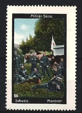 Reklamemarke Schweiz, Militär-Serie, Manöver mit Soldaten und Rot Kreuz Ambulanz
