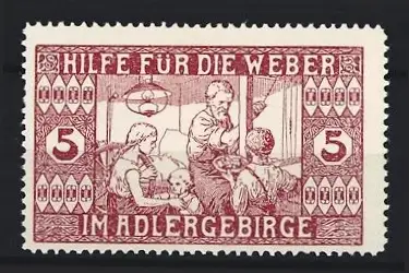 Reklamemarke Hilfe für die Weber im Adlergebirge, Familie beim Weben