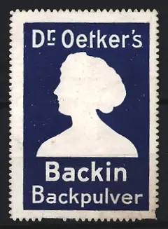 Reklamemarke Dr. Oetker`s Backin, Frauenprofil-Silhouette, blau