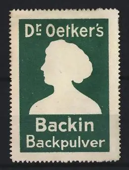 Reklamemarke Dr. Oetker`s Backin Backpulver, Silhouette eines Frauenkopfes, grün