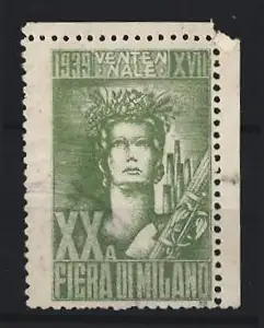 Reklamemarke Mailand, XX Fiera di Milano 1939, weibliche Figur mit Kranz