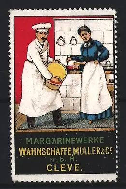Reklamemarke Cleve, Margarinewerke Wahnschaffe Muller & Co, Bäcker und Köchin in der Küche