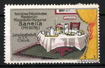Reklamemarke Cleve, Sanella Pflanzenbutter-Margarine, Sana GmbH, Frühstückstisch-Illustration