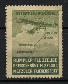Reklamemarke Hirth-Flüge, Rumpler-Flugzeuge mit Metzeler Fliegerstoff, Flugzeug über Städtekarte München - Berlin
