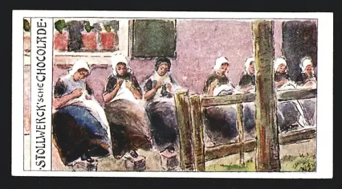Sammelbild Stollwerk`sche Schokolade, Nähende Frauen vor einem Haus
