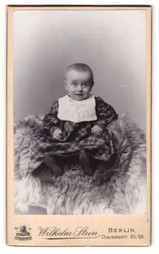 Fotografie Wilhelm Stein, Berlin, Portrait niedliches Kleinkind im karierten Kleid auf Fell sitzend