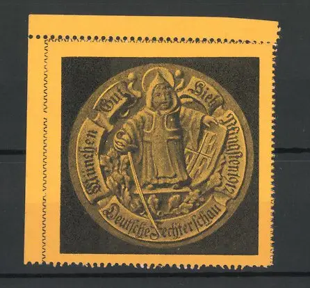 Reklamemarke München, Deutsche Fechterschau 1912, Münchner Kindl mit Degen und Schild Gut Hieb